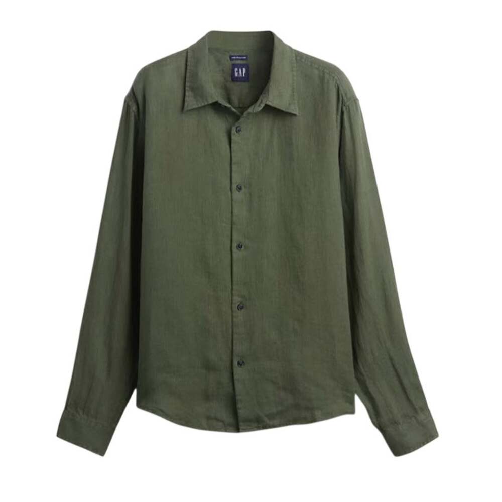 Gap 100% Linen Mens XXL button down long sleeve olive Green NWT